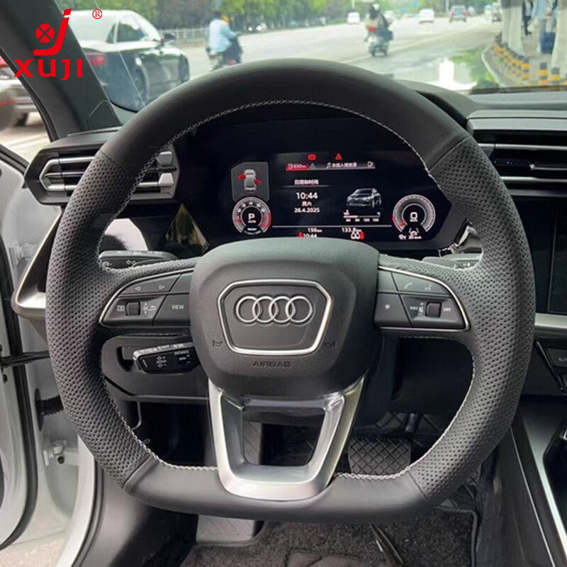 徐記適用于奧迪Q3 Q5 Q7 A4L A6L Q5L Q2L A1 A3 A5手縫真皮方向盤套 黑皮側孔-月白線 奧迪全系車型可定制