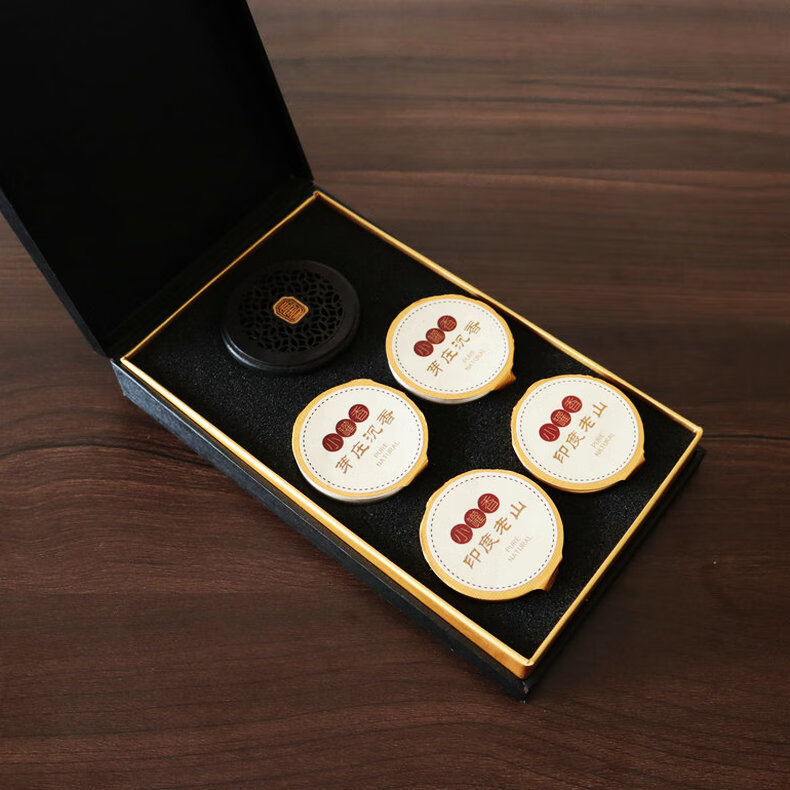 知唐禮盒小罐香芽莊沉香家用室內天然1小時(shí)盤(pán)香印度老山檀香 小罐香1小時(shí)4罐40片-（芽莊+老山+實(shí)木小罐香爐