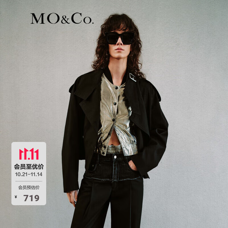 MO&amp;Co.春秋大翻领双排扣松紧短款廓形风衣夹克外套摩安珂 黑色 S 160
