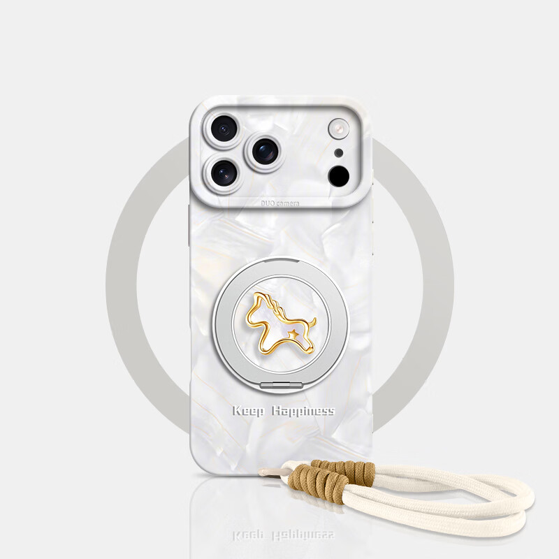 FGMPZ适用苹果17promax手机壳女款iPhone16带手绳pro大视窗支架14磁吸16保护套15新款轻奢高级感 古董白-轻奢星星小马-送短挂绳 iPhone17