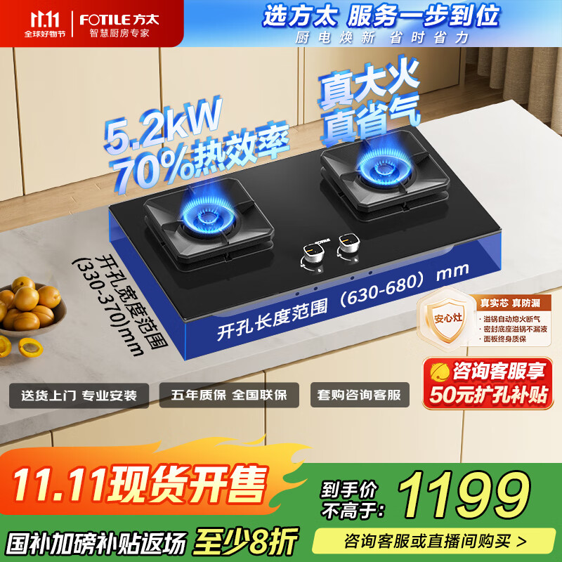 方太（FOTILE）TF29B燃气灶【天然气】嵌入式双灶台 大火力爆炒厨房家用双眼猛火灶具 超一级能效【国家补贴20%】