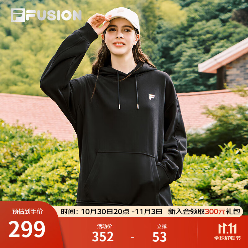 FILA FUSION斐乐潮牌情侣款连帽男女卫衣2025秋新款纯棉宽松针织上衣 正黑色-BK L 175/96A/L