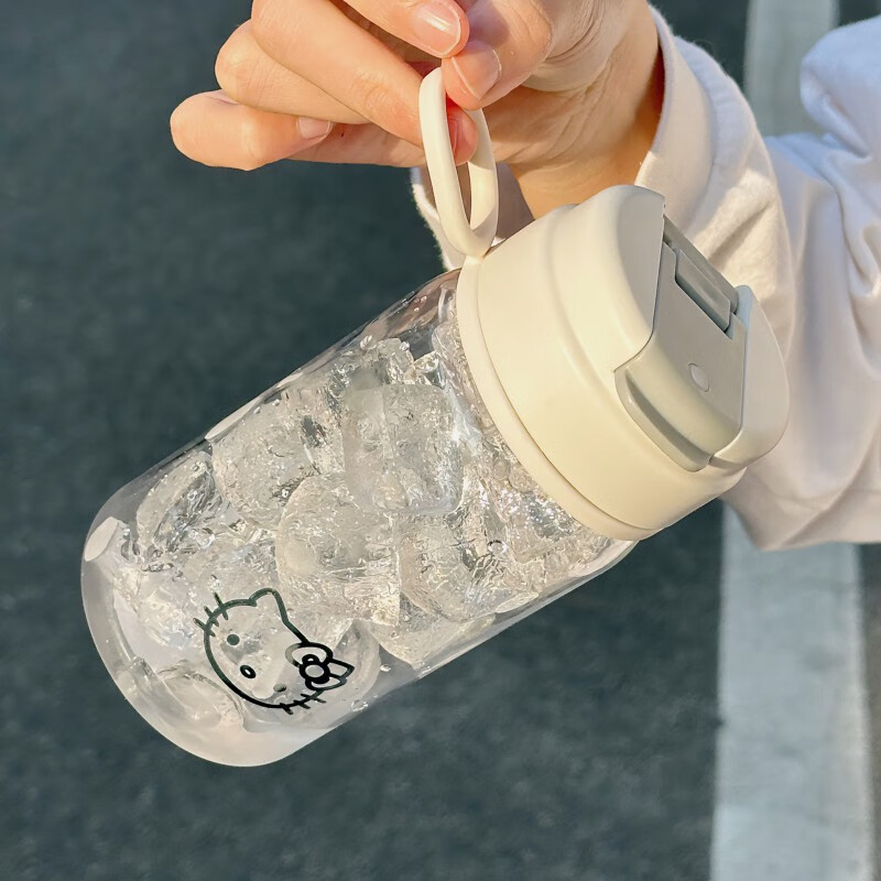 膳魔师(THERMOS)塑料吸管水杯高颜值女生hellokitty夏天刻度杯耐高温学生塑 粉色600ML(赠硅胶蝴蝶结+凯蒂猫贴)