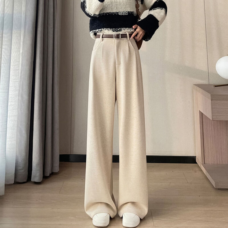 GIOIO2025年秋冬季新款女装人字纹毛呢阔腿裤拖地裤高腰休闲直筒西装裤 米杏色 加绒 158-169cm M (建议96-108斤)