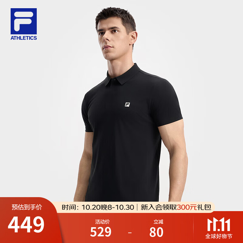 FILA 斐乐官方男子针织短袖POLO衫2025秋季新款健身运动凉感上衣 深黑-BK L 175/96A/L