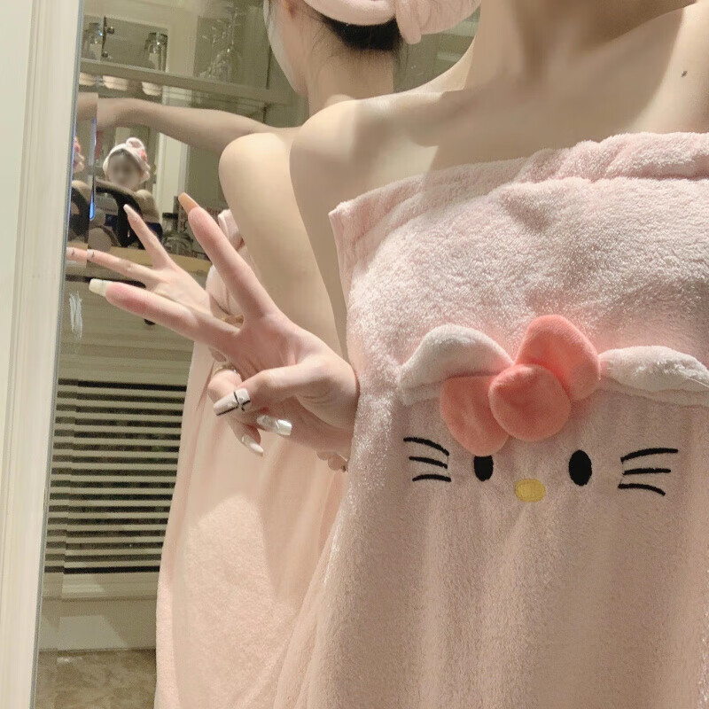 Kaooseen浴巾成人女士可穿2026新款hellokitty毛巾浴巾三件套珊瑚绒浴裙 【毛巾+浴巾+干发帽+浴裙】