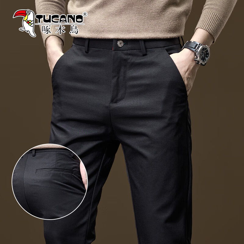 啄木鸟（TUCANO）休闲裤男士秋冬季2025新款百搭西裤厚款修身直筒长裤子男 黑 32