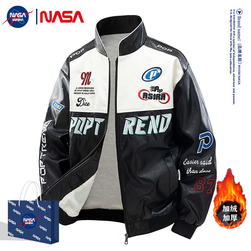 WHIM NASA男士皮衣夹克春季外套男秋冬季加绒棉服骑行机车服棒球服美式2025 黑色加绒 L