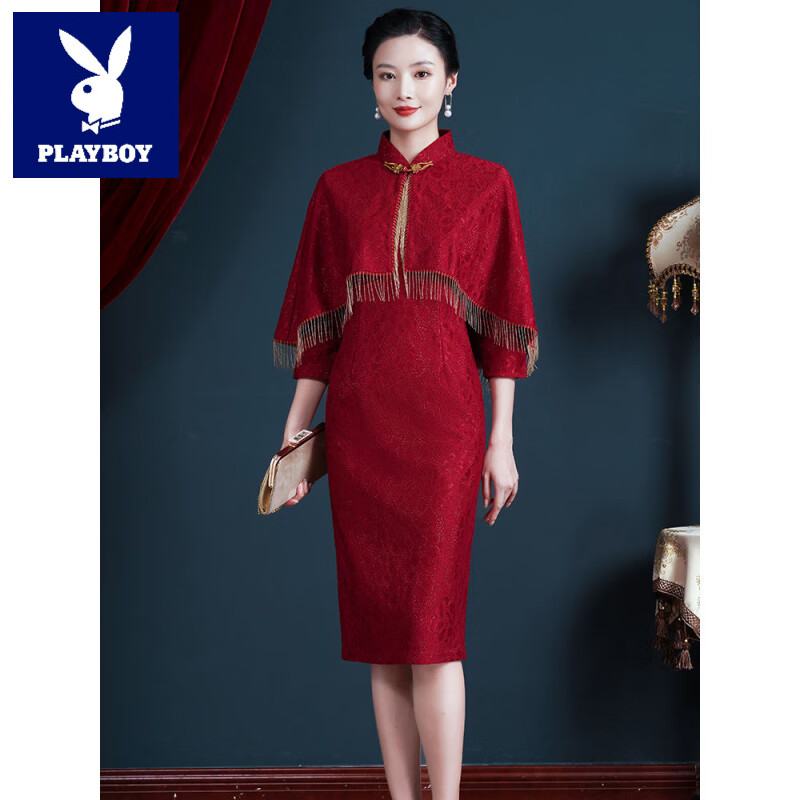 花花公子（PLAYBOY）高端旗袍妈妈装婚宴春秋新款喜婆婆婚礼服洋气披肩两件套连衣裙女 酒红色 L 5X(145斤-165斤)
