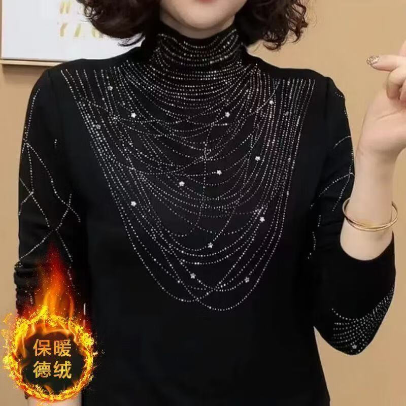 秋冬2025新款重工烫钻德绒保暖打底衫显瘦洋气半高领长袖T恤女 黑色 XL （建议113-125斤）