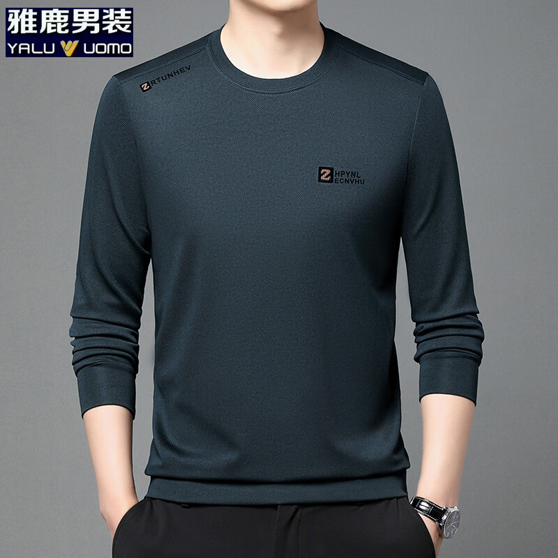 雅鹿男装加绒长袖t恤男冬季新款华夫格韩版保暖圆领休闲体恤衫男士上衣 哈青常规不加绒 L (170)（建议120-140斤）