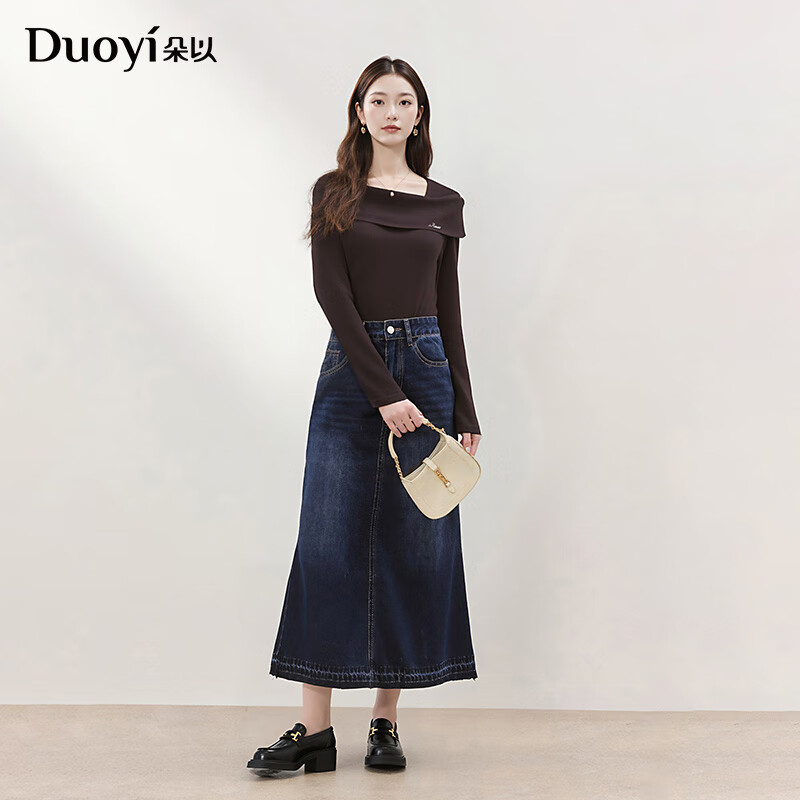 朵以2025冬季新款法式优雅气质抽褶收腰修身一字领针织衫长袖上衣 莫奈紫 L