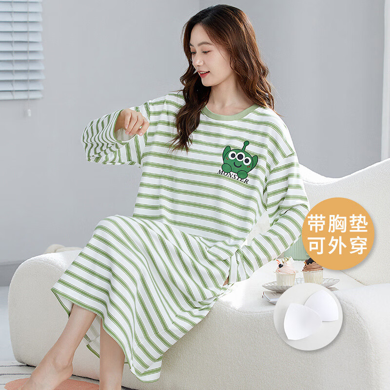 带胸垫长袖睡裙女士春秋季可爱纯棉草莓熊网红风学生春秋休闲睡衣 7005(带胸垫) L (90-115)