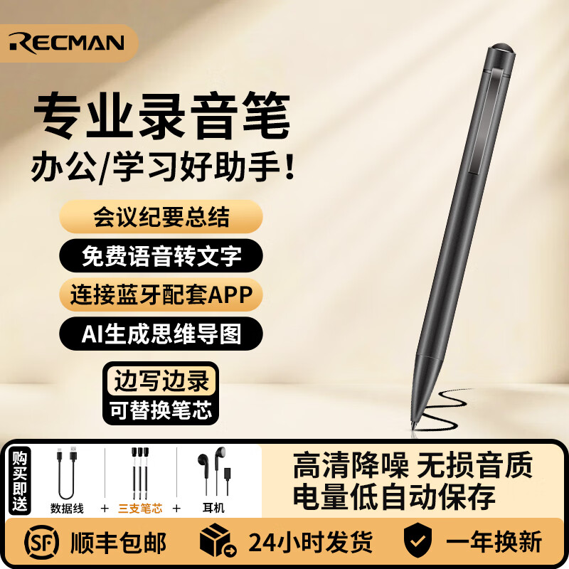 锐曼录音笔 免费转文字专业高清降噪便携笔型录音笔取证设备会议写录一体 闭合式呼吸灯录音笔（蓝牙版支持苹果/安卓）枪色