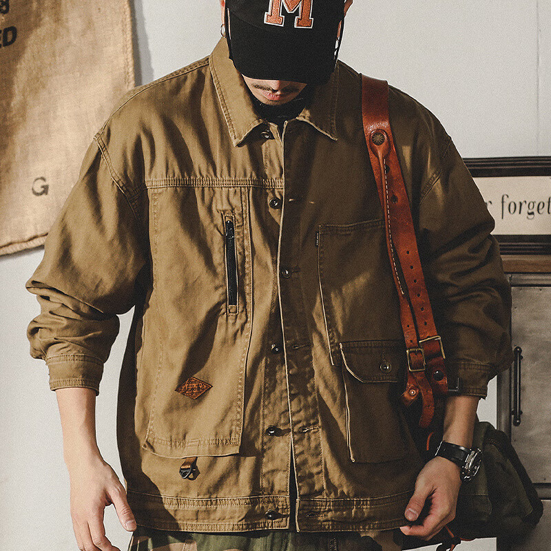 仓石一树美式工装复古重磅鱼骨纹夹克男春秋款阿美咔叽硬汉猎装外套 焦糖色 XL 适合145-160斤