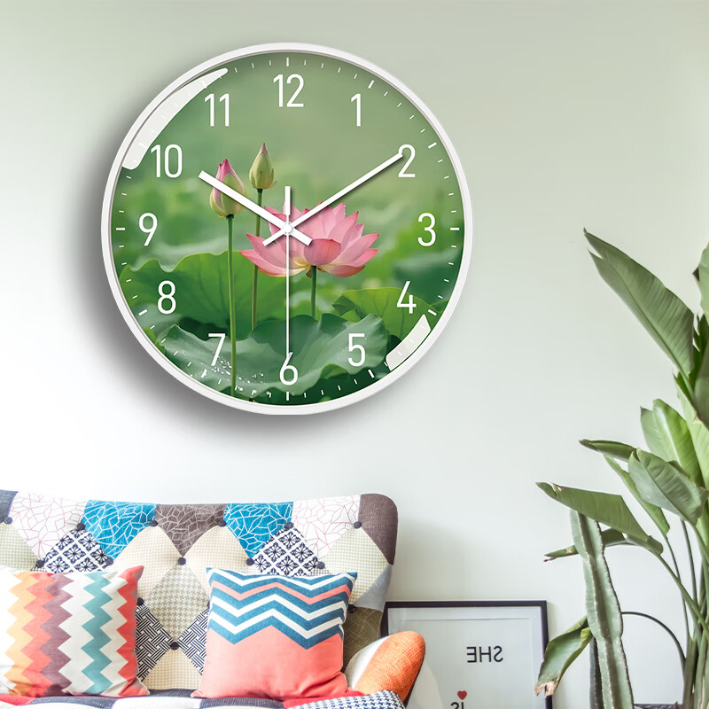 Tazxin植物清新荷花挂钟免打孔静音扫秒客厅卧室大尺寸挂墙石英钟表 桃花 12英寸 30厘米