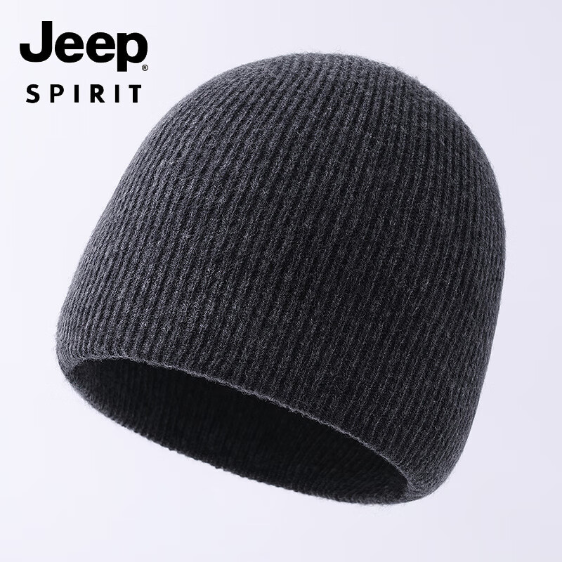 吉普(JEEP)美式高端鄂尔多斯市羊绒帽子男女秋冬季双层保暖包头帽一体成型针 深灰色 均码(大小头围均可)