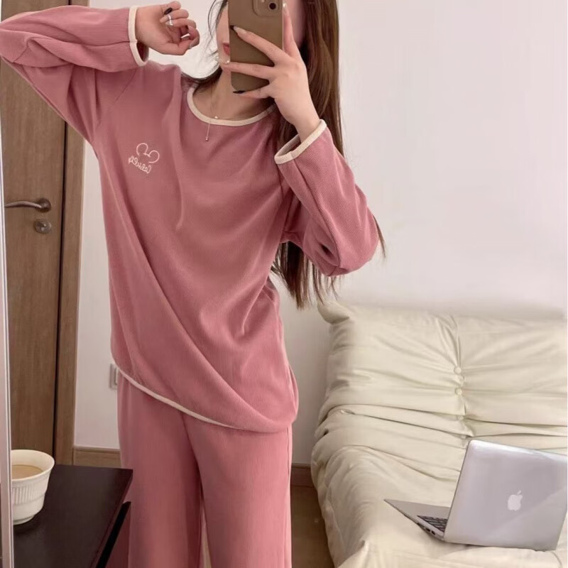 雅鹿德绒保暖睡衣女秋冬季长袖套装可外穿刺绣米奇居家服套装大码胖mm 米奇头紫色 M