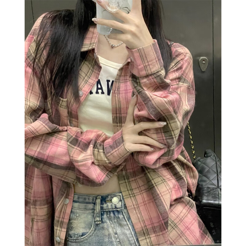 2024秋港风复古感女衬衫法式慵懒宽松设计感小众上衣女装外套 粉色格子 S （建议80-95斤）