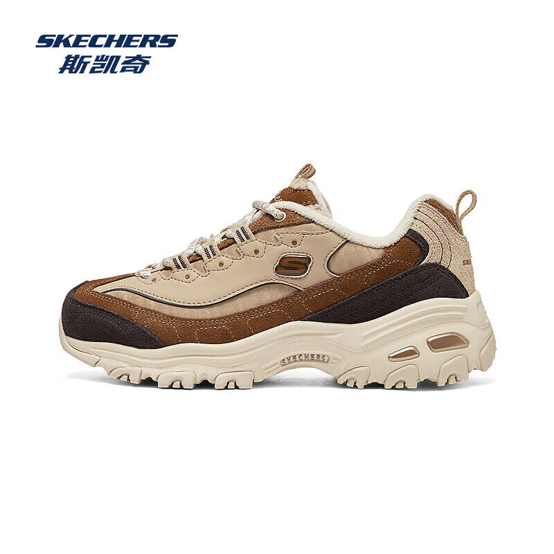 斯凯奇（Skechers）卷毛熊丨2024年秋冬新款女鞋复古加绒保暖厚底增高休闲运动老爹鞋 焦糖板栗/BRMT 37