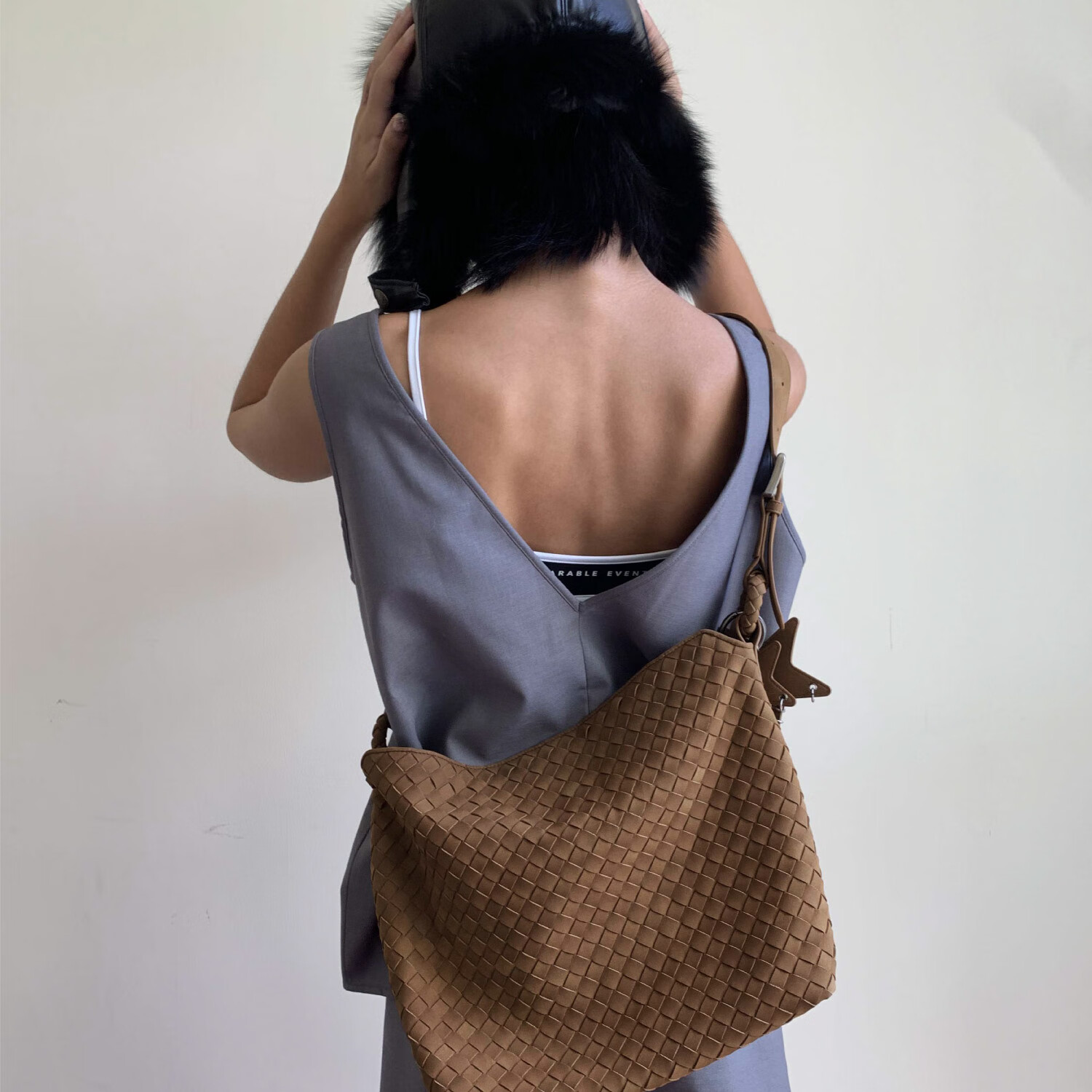 ECODAY秋冬小号麂皮编织包托特包女单肩斜挎复古腋下包hobo包女生日礼物 焦糖色(小号)