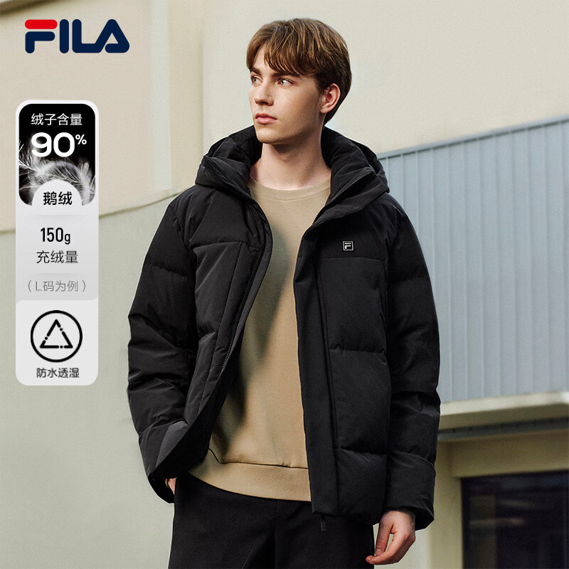 FILA 斐乐官方男士羽绒服2025冬季新款时尚休闲舒适保暖连帽外套 正黑色-BK L 175/96A/L