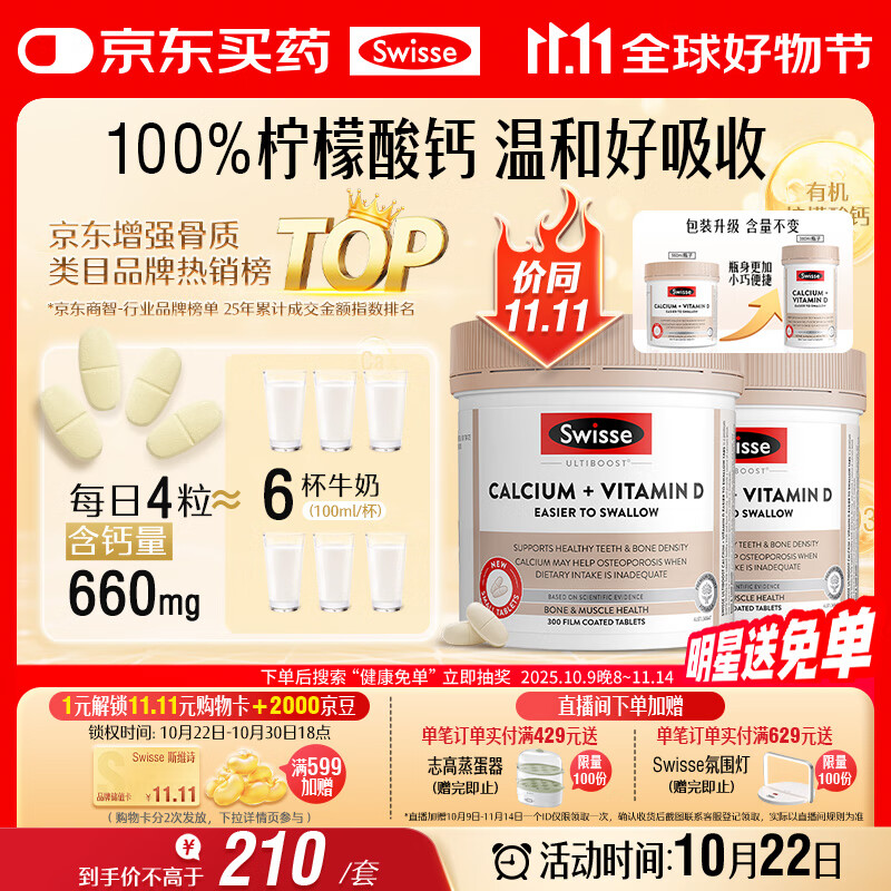 Swisse斯维诗钙+维生素D迷你钙片中老年成人孕妇补钙 柠檬酸钙300片*2瓶