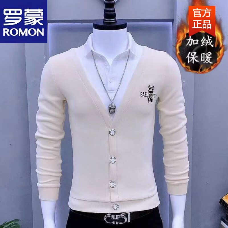 罗蒙（ROMON）秋冬季新款假两件扭扣毛衣男士衬衫修身帅气潮流百搭针织衫卫衣男 米色 加绒 M