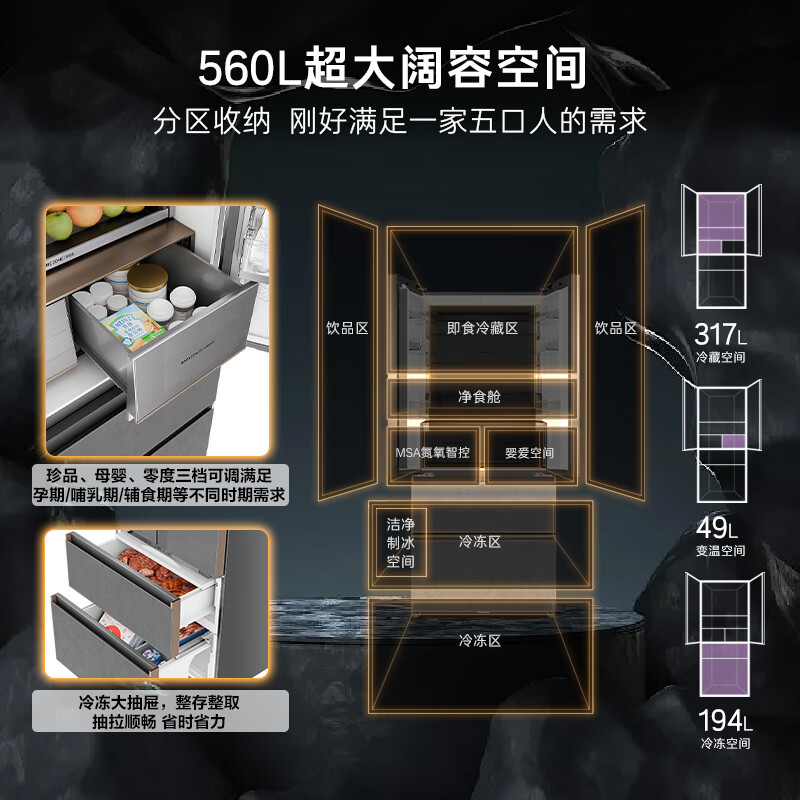 卡萨帝（Casarte）原石560L法式多门冰箱MSA氮氧智控保鲜一级能效双系统主动除菌屯年货 BCD-560WGCFDA4GUU1国家补贴