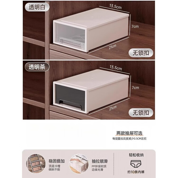 稻草熊（DOCOXO）收纳箱抽屉式裤子透明整理箱家用衣物储物柜子衣柜塑料内衣收纳盒 2L深 21*13.5*7cm 透明 2个