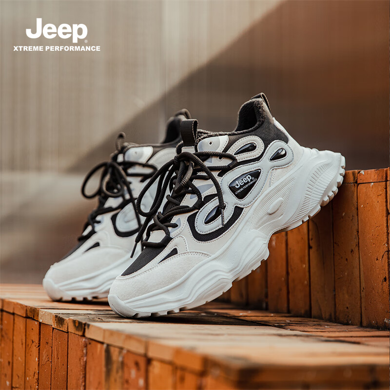 JEEP吉普户外老爹鞋子男款休闲轻便时尚运动鞋男透气徒步鞋耐磨登山鞋 白黑(棉) 44