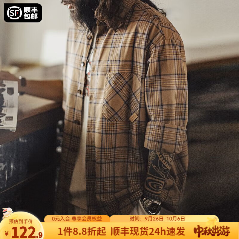 马登工装美式复古格子衬衫男外套大地色格纹纯棉长袖男士衬衣夏季薄款 浅棕色 【格子衫/宽松/外穿寸衫】 XL (180)