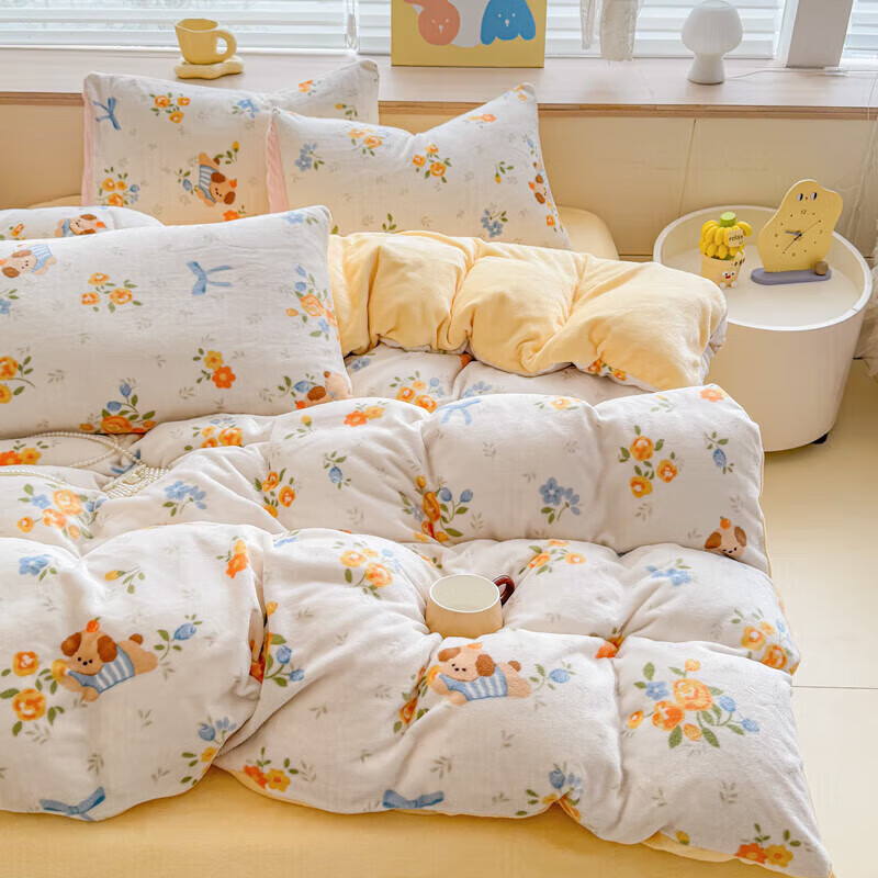 软贝小清新牛奶绒床上四件套保暖毛绒床单被套学生宿舍秋冬款三件套 布布萌宠 床单款 2.0m  被套200*230cm 四件套