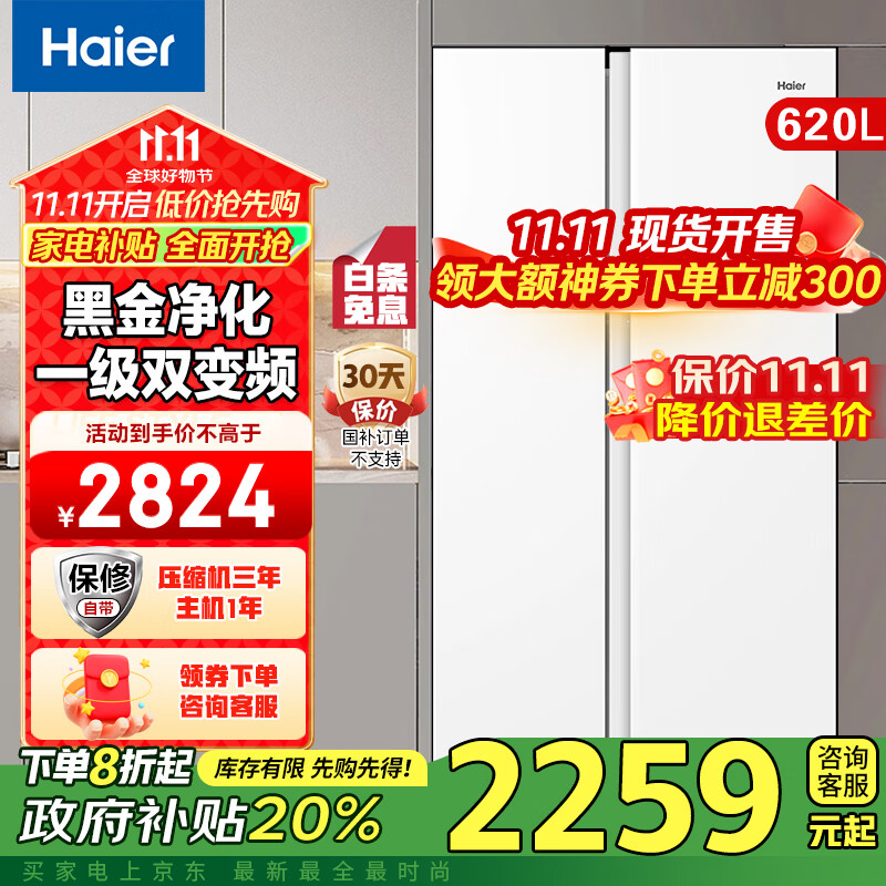 海尔对开门冰箱超大容量620升黑金净化一级能效双变频风冷无霜节能省电家用电冰箱双开门白色 99.99%黑金净化+90°开门悬停