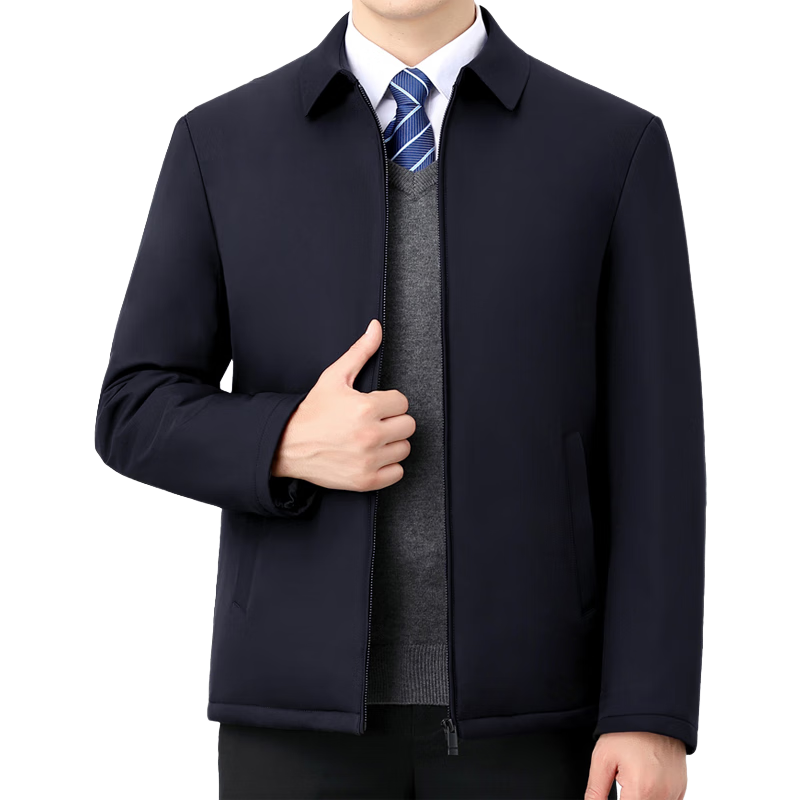 中年棉衣男士夹棉外套中老年爸爸装秋冬季加厚行政夹克薄棉服棉袄 【拉链款】蓝色/加棉 2XL 【建议体重130斤-150斤】