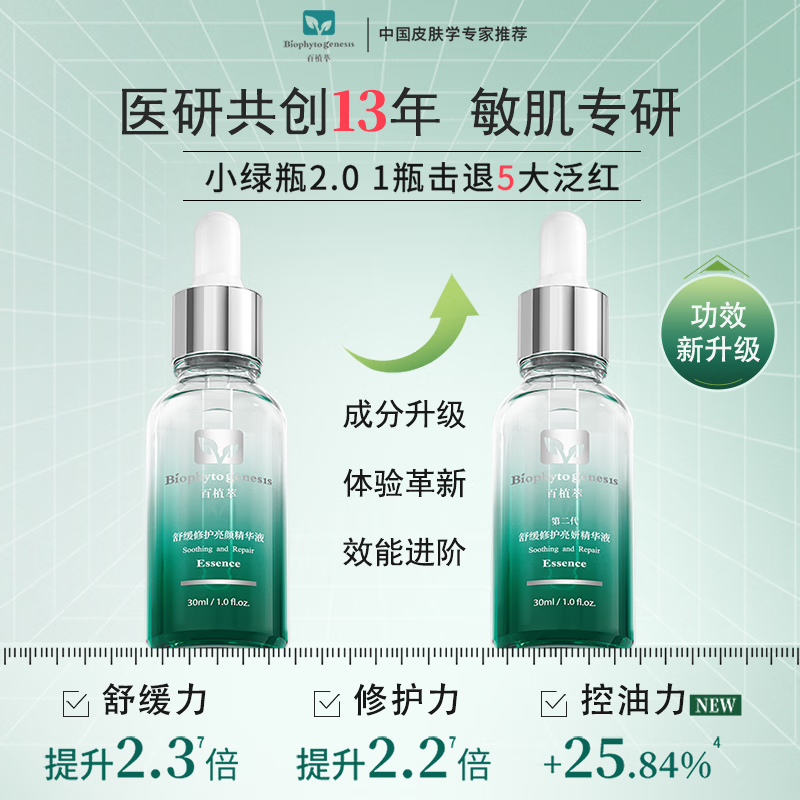 百植萃小绿瓶精华液2代升级 舒缓修护强韧屏障水油平衡晒后淡红印敏感肌 【2代升级】小绿瓶精华30ml*2