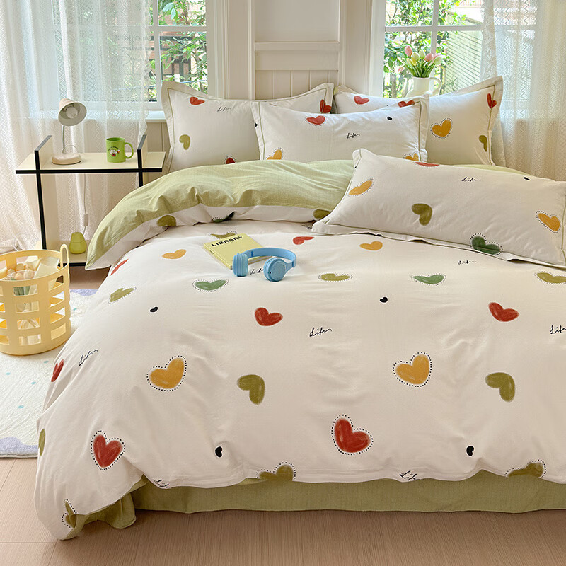 兰芮A类100%全棉磨毛四件套床上用品全棉床单被套 爱心日记 1.5/1.8m床 床单款 被套200*230cm