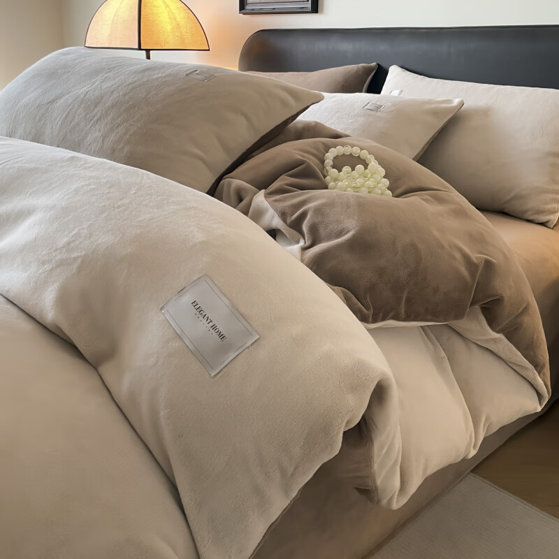 诸禄南通叠石桥牛奶绒四件套冬季保暖舒适纯色毛绒床单被套双人床品 香芋柴深灰 床笠款 1.8m被套加大四件套