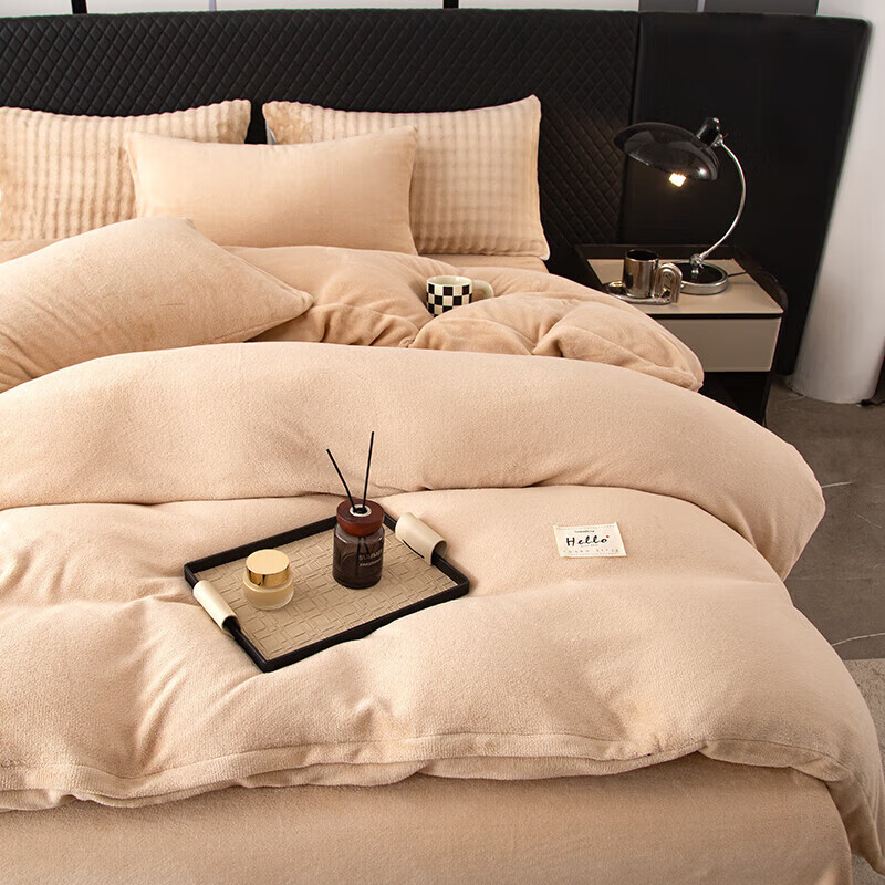 软贝简约轻奢牛奶绒床上四件套保暖毛绒床单被套学生宿舍秋冬款三件套 卡其 2.0m 床单款 (被套200*230cm) 四件