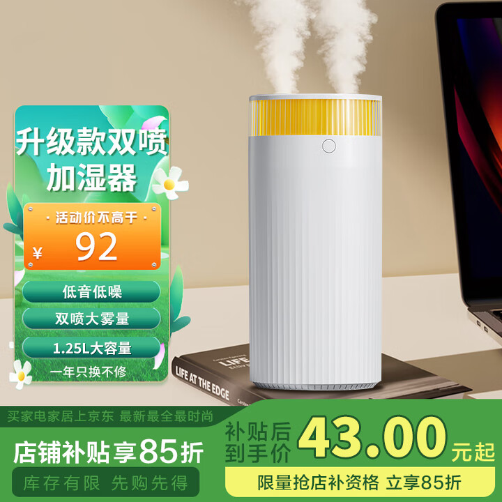 小米白空气加湿器家用卧室宿舍床头桌面雾化器车载空气净化器无线usb充电便携加湿器除甲醛一体大雾量 冰川白-插电款【双倍雾量-温馨夜灯】
