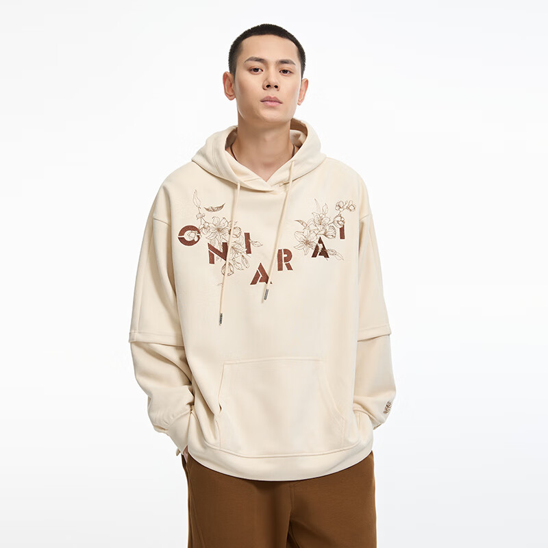 鬼洗秋冬新款 花卉镂空刺绣仿麂皮假两件连帽卫衣男套头衫 B240141 乳白色 81 M (170)