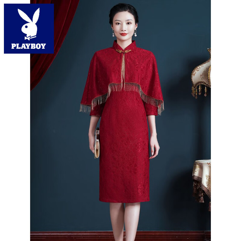 花花公子（PLAYBOY）高端旗袍妈妈装婚宴春秋新款喜婆婆婚礼服洋气披肩两件套连衣裙女 酒红色 L 5X(145斤-165斤)
