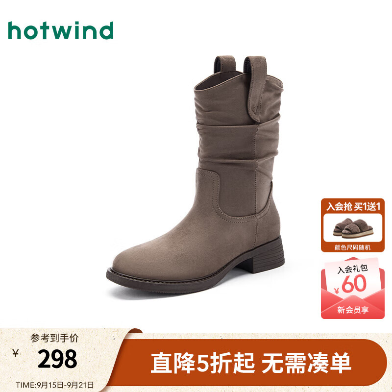 热风女西部靴2025年冬季新款女士休闲百搭粗跟时装靴显瘦堆堆靴短靴子 09灰色 36