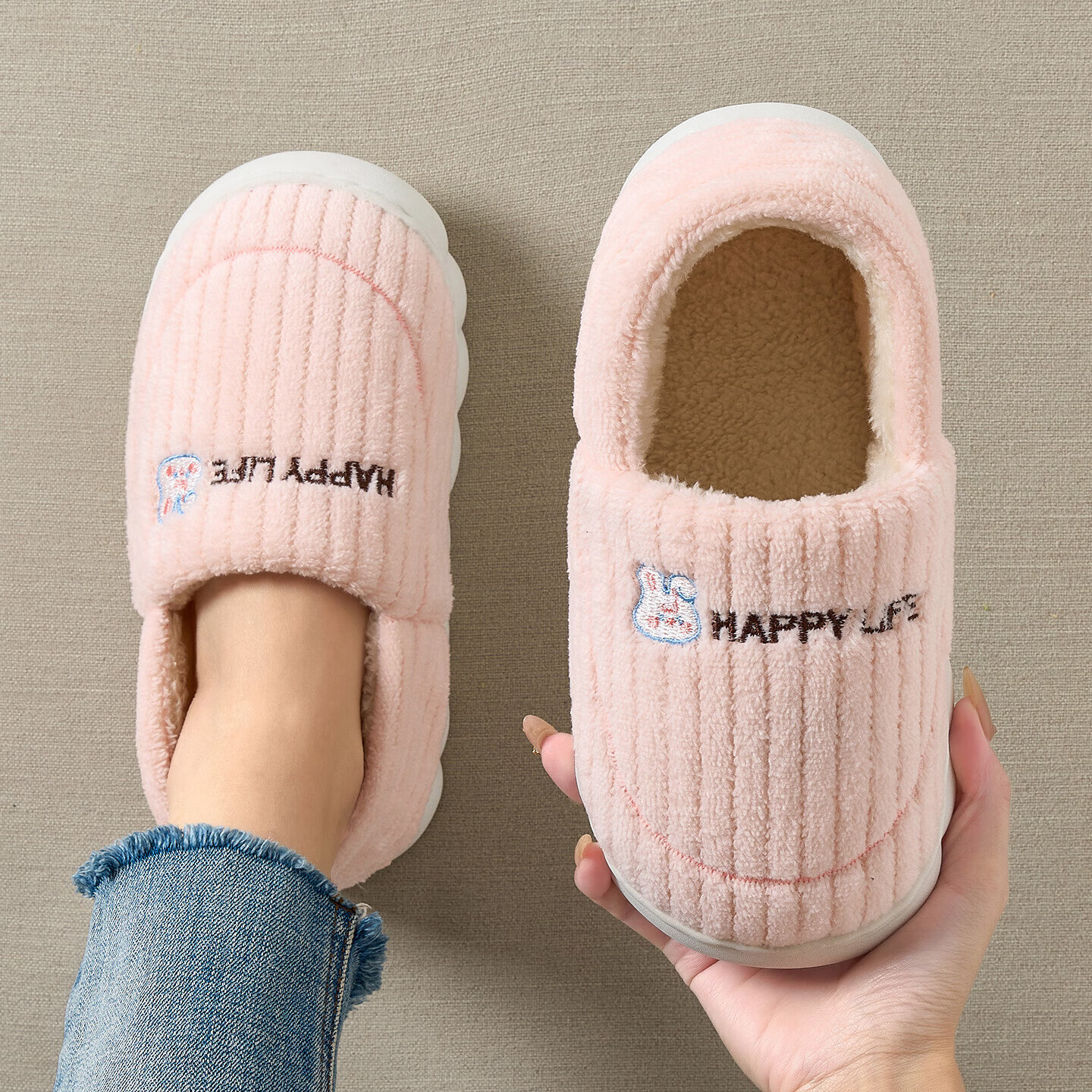 FZT包跟棉拖鞋女2025秋冬新款防滑防臭室内家居简约毛绒绒棉鞋男外穿 粉色 38-39 适合37-38【内长235mm】