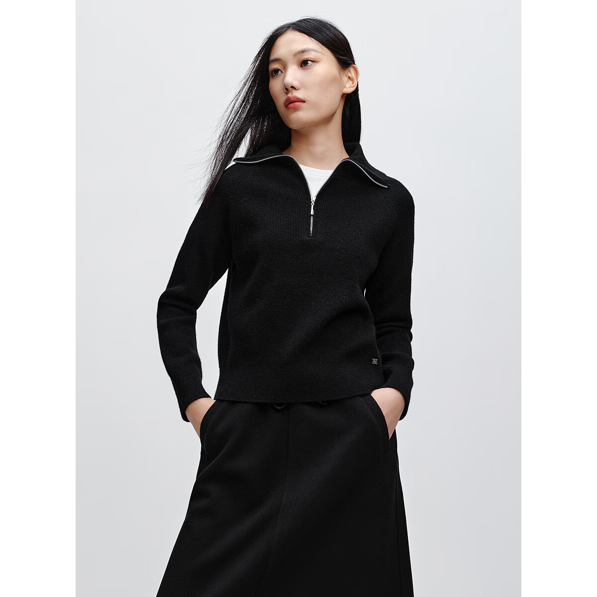 太平鸟秋冬毛针织衫集合链接新款打底无缝套衫女士开衫 黑色半门襟翻领线套衫 M