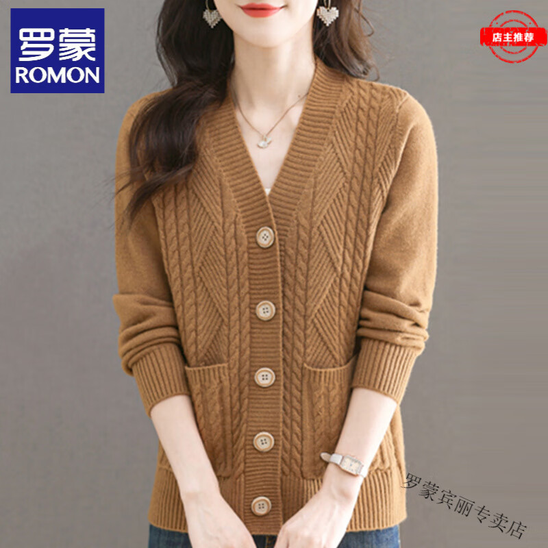 罗蒙（ROMON）羊毛衫针织开衫女秋冬新款宽松大码显瘦加厚时尚羊毛绒毛衣外套 100%纯羊毛-麦穗-女装十大品牌 S 80-95斤