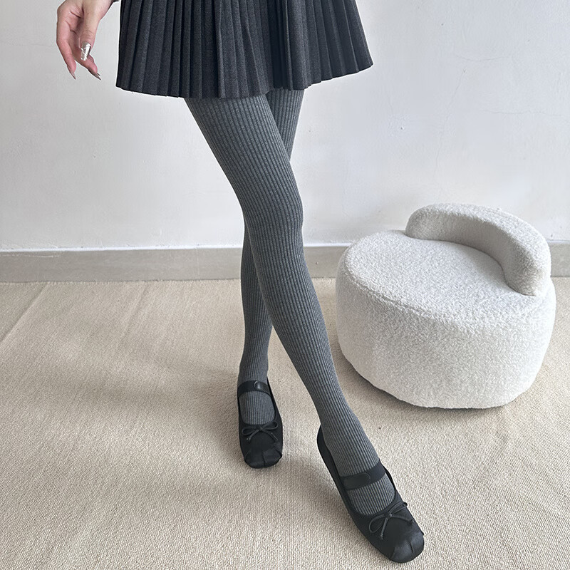 SKONWAT秋冬季miu系烟灰色打底裤袜女外穿新款竖条纹显瘦奶咖连裤袜 中灰 均码