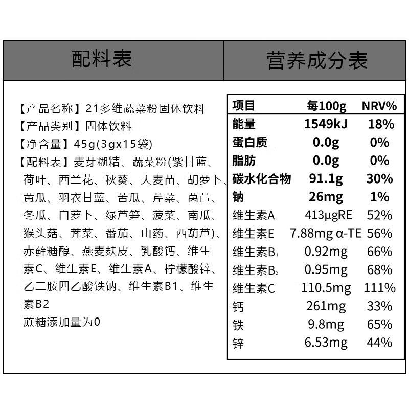 邮政农品多维蔬菜粉15条/盒维生素C羽衣甘蓝大麦苗粉果蔬膳食纤维 邮政农品 一盒【15袋】果蔬+维生素A C E