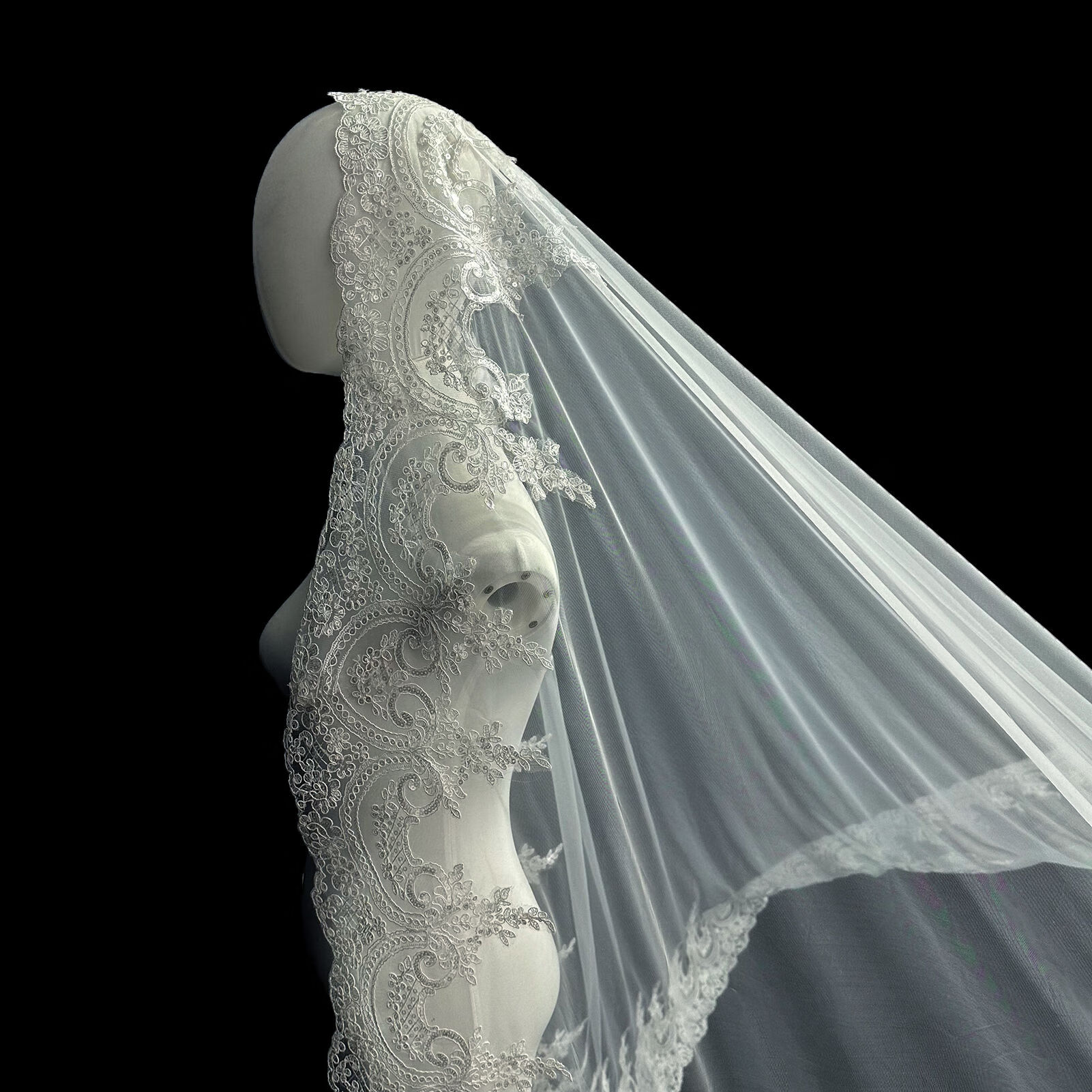 新娘结婚主婚纱头纱超长大拖尾法式宫廷复古蕾丝花边头纱头饰 ts