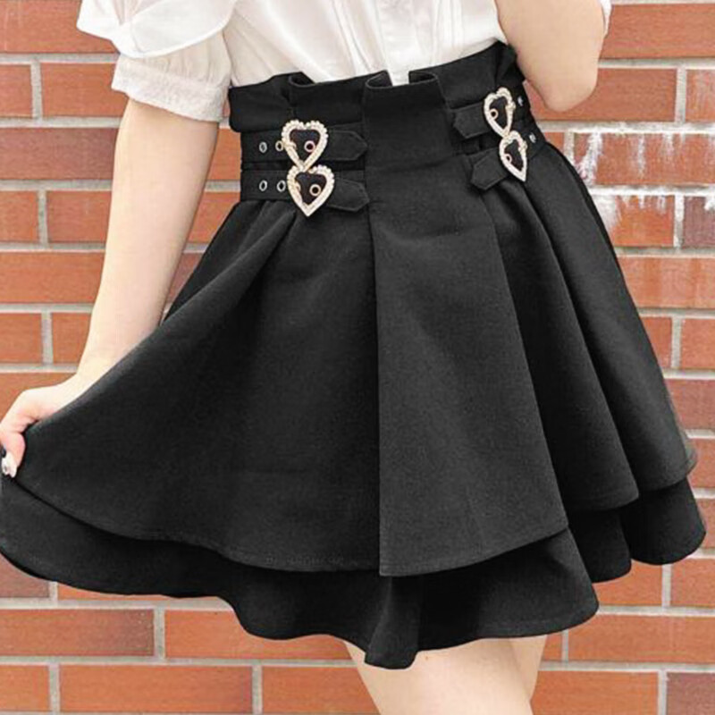 ROJITA日系碎花a字高腰短裙女夏季小个子蛋糕裙百搭喇叭半身裙(1324658) 黑色